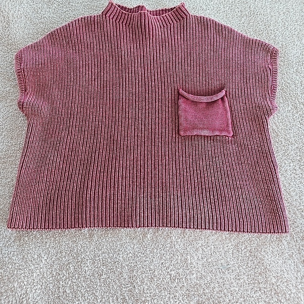 Zenana Washed Look Mock Neck Short Sleeve Cropped Sweater Dark Pink Sz‎ L/XL - Picture 12 of 13